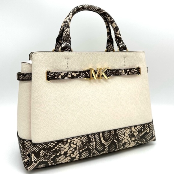 Michael Kors Large Reed Leather Belted Satchel Crossbody Bag Cream Snakeskin - Picture 1 of 12